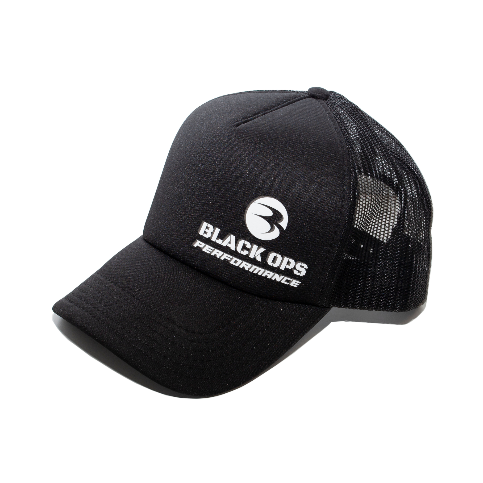 A black trucker cap with the text 'Black Ops Performance' printed on the front.